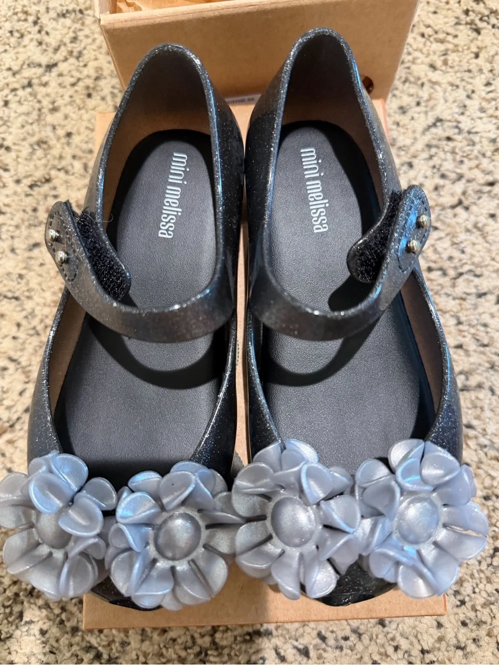 ME Makeover Essentials Black Glitter Mary Jane Shoes with Silver Flower Clusters
